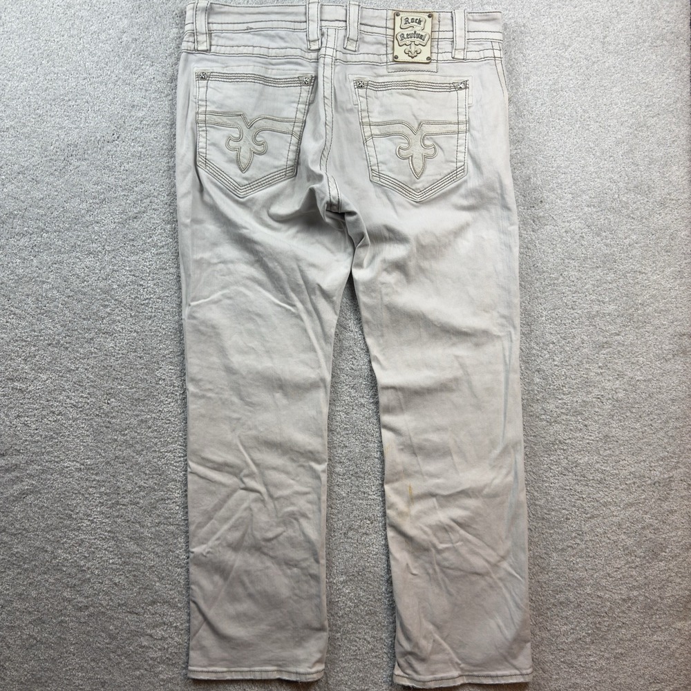 Rock Revival Mens Jeans Size 38 Light Gray White Fleur De Lis Embroidered Denim